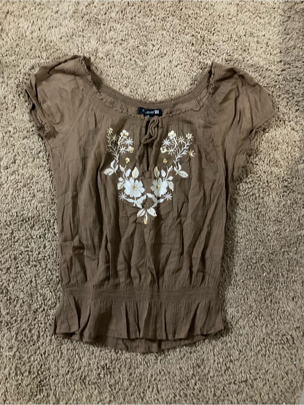 Forever 21 Brown Floral Embroidered Peasant Blouse